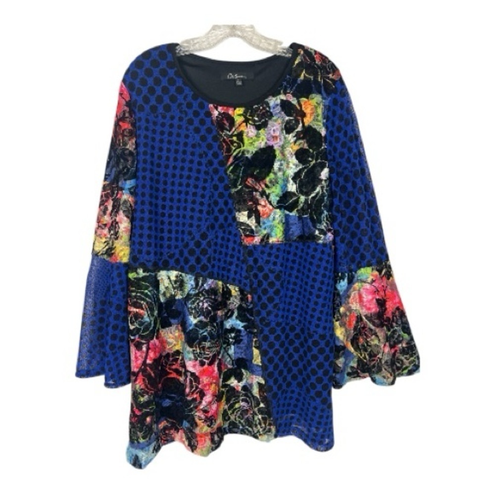 Calessa Sz L Mixed Print Velvet Floral & Polka Dot Top Tunic Blue & Black